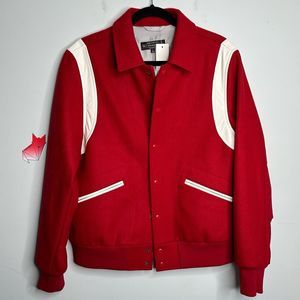 The J. Peterman Red Wool Varsity Bomber Baseball Jacket Size Large